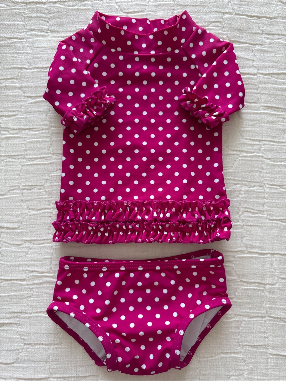 Ruffle Butts 2 Pc Girls Rash Guard Swimsuit - Fuchsia Polka Dot, Size 3-6 months